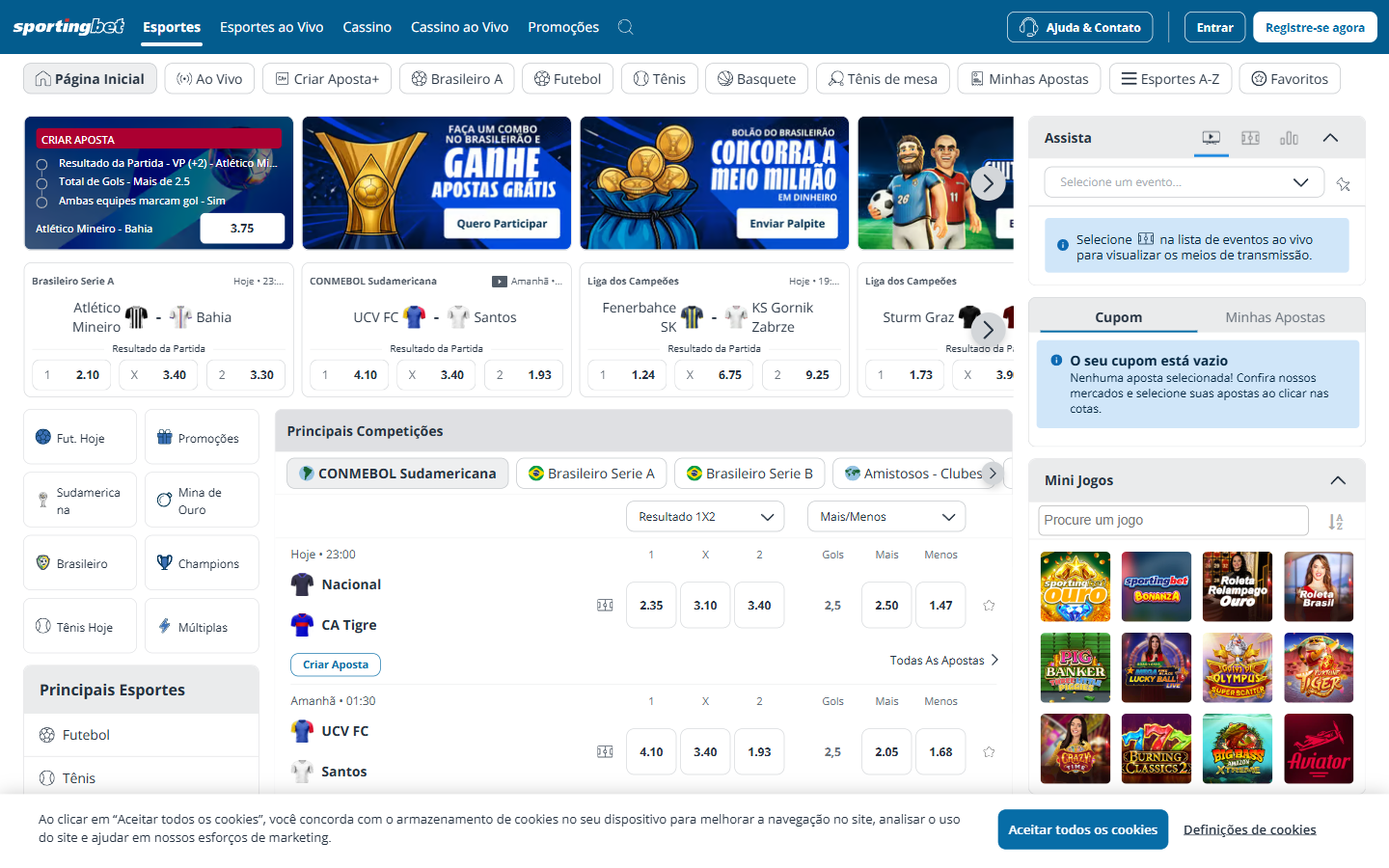 Sportingbet Brazil homepage rendered via headed browser, showing the Portuguese sportsbook with promotional banners, live football odds and a Mini Jogos casino games panel