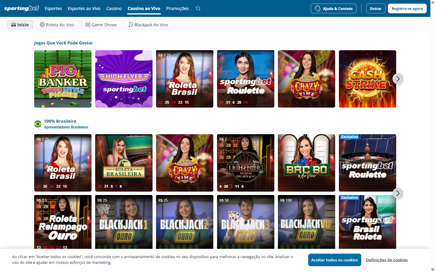 Sportingbet Brazil Cassino ao Vivo live-dealer lobby with Roleta Brasil, Bac Bo, Crazy Time and Blackjack Ouro tables hosted by Brazilian presenters