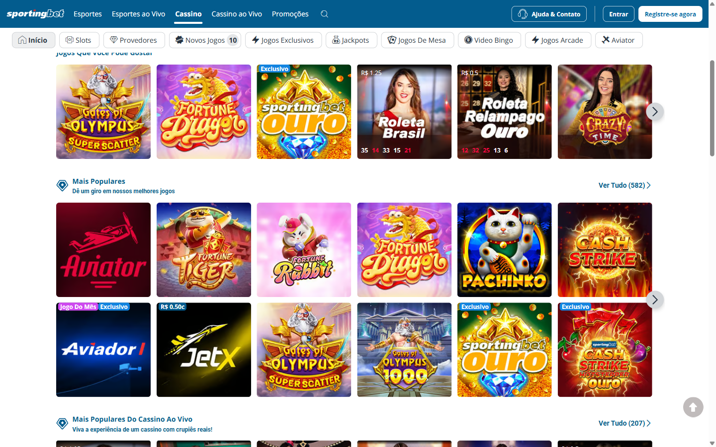 Sportingbet Brazil Cassino slots lobby with Mais Populares row showing Aviator, Fortune Tiger, Fortune Rabbit, Gates of Olympus and Cash Strike game tiles