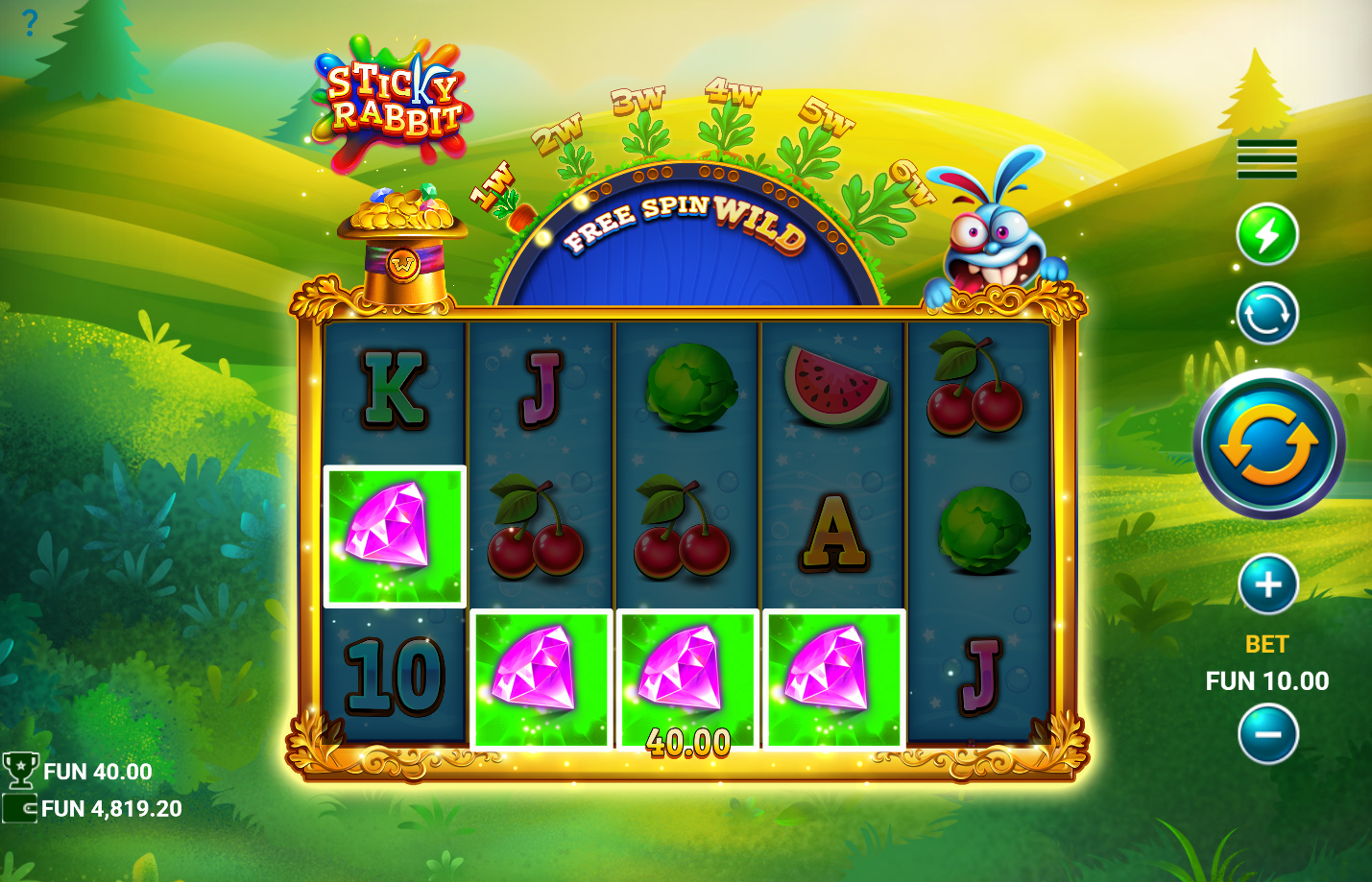 Sticky Rabbit base game screenshot showing the 5x3 reel grid