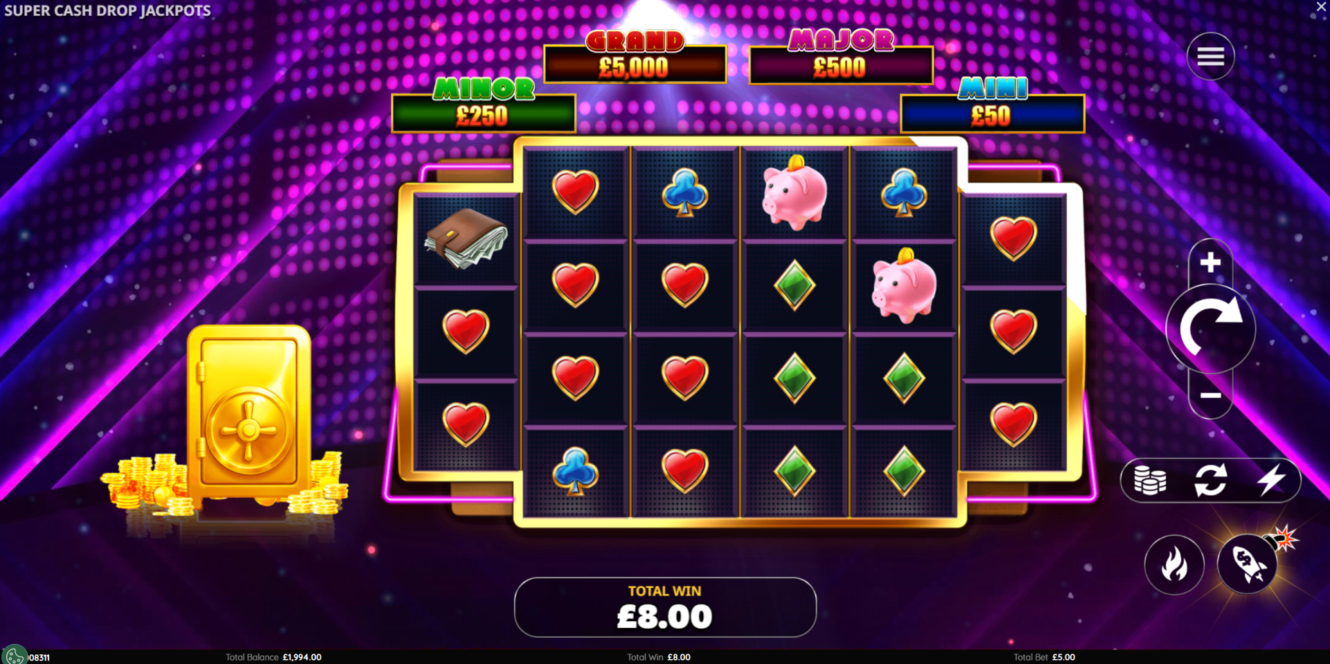 Super Cash Drop Jackpots base game showing the 3-4-4-4-4-3 reel layout with neon cyberpunk vault theme
