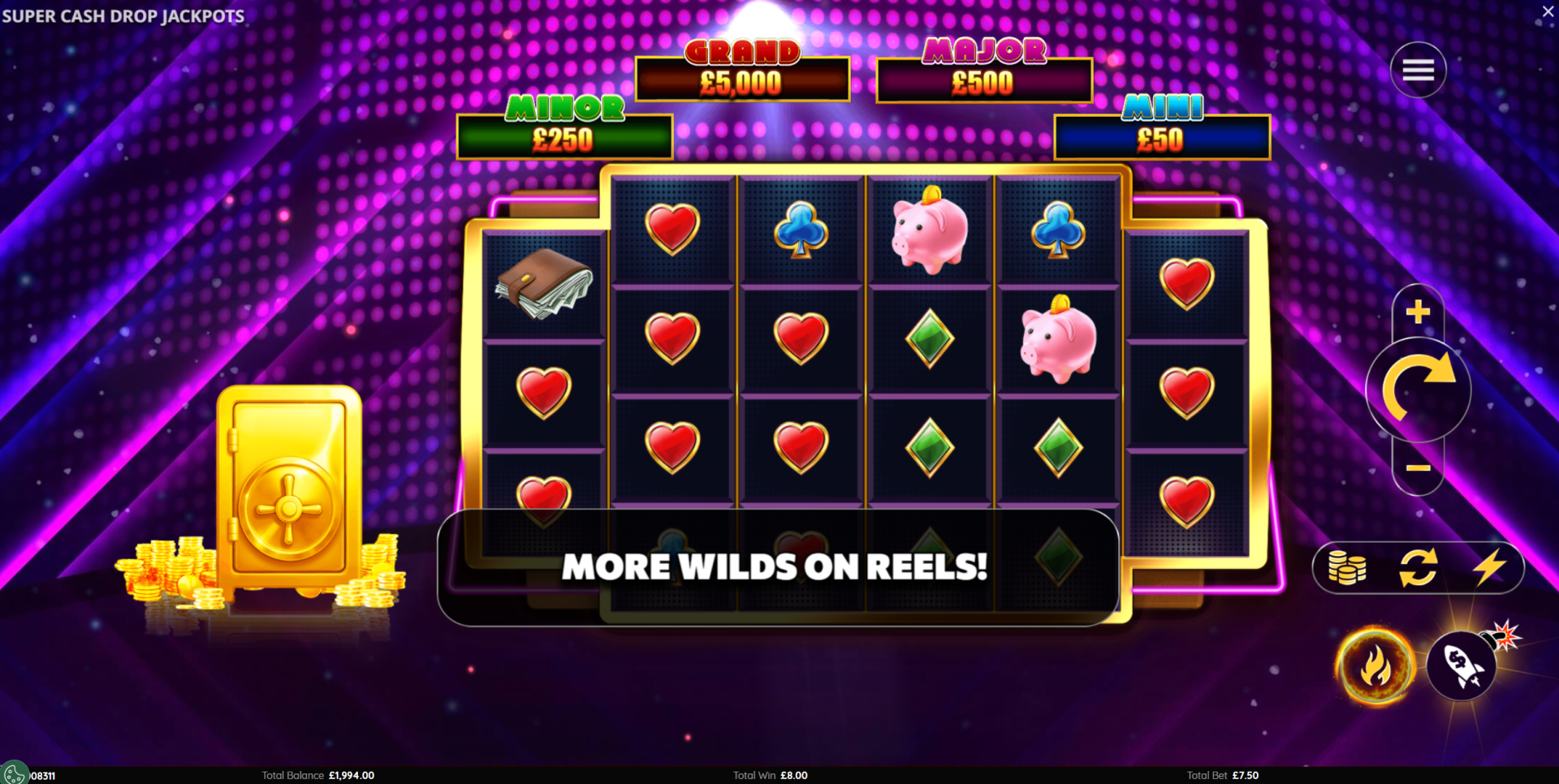 More Wilds on Reels feature spins in Super Cash Drop Jackpots showing Wild accumulation