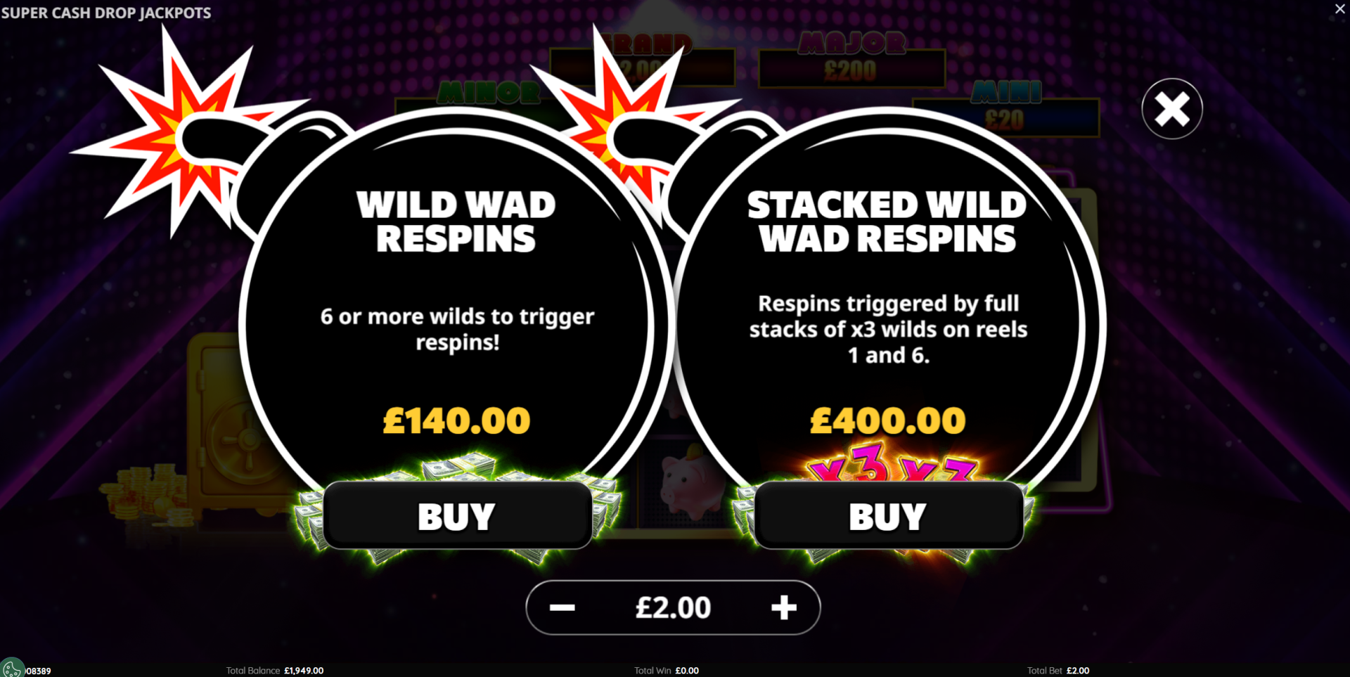 Wild Wad Respins feature in Super Cash Drop Jackpots with locked Wilds and Buy Bonus options