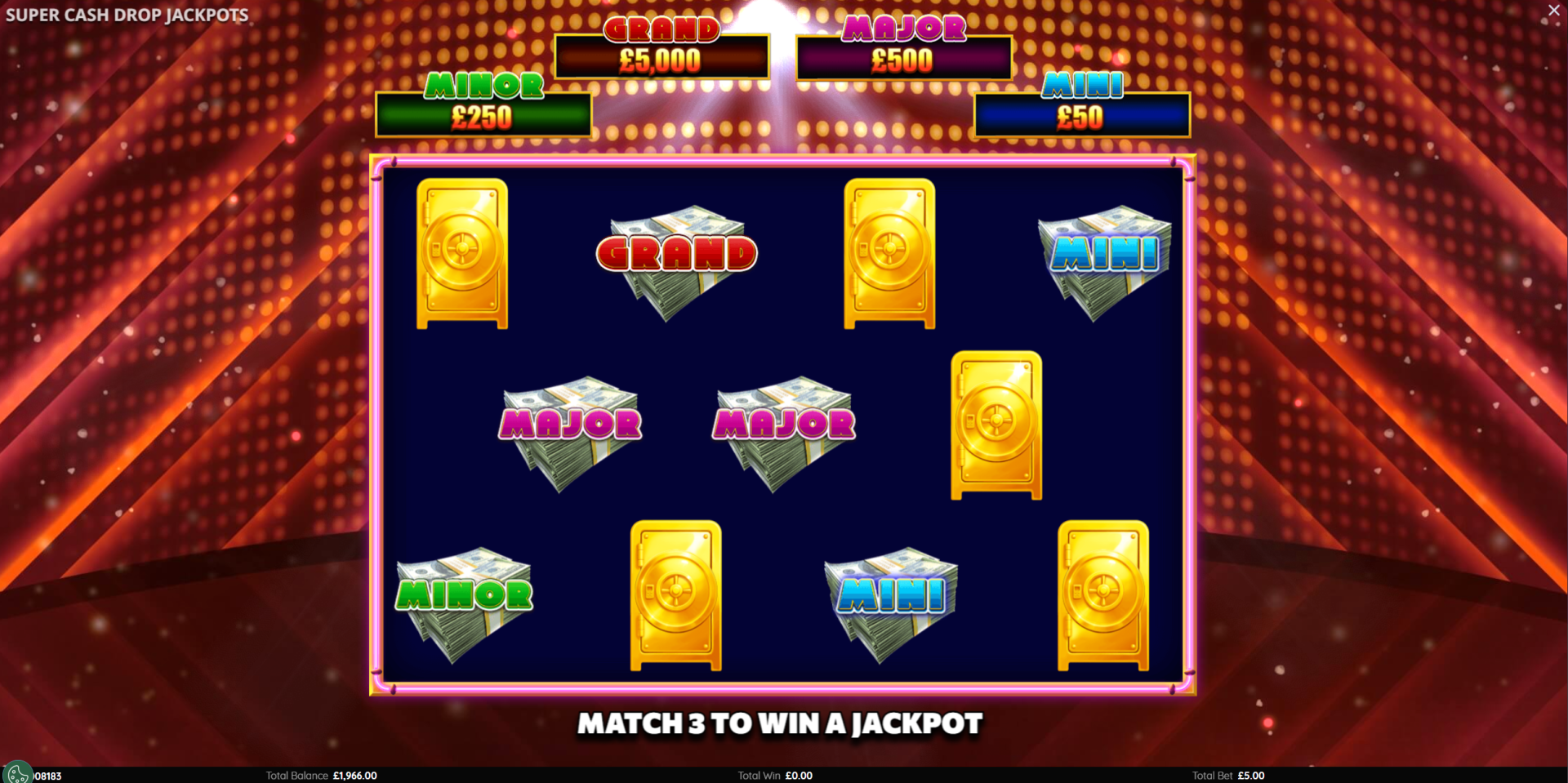 Super Cash Jackpot feature in Super Cash Drop Jackpots showing jackpot symbol collection with Mini, Minor, Major and Grand prizes