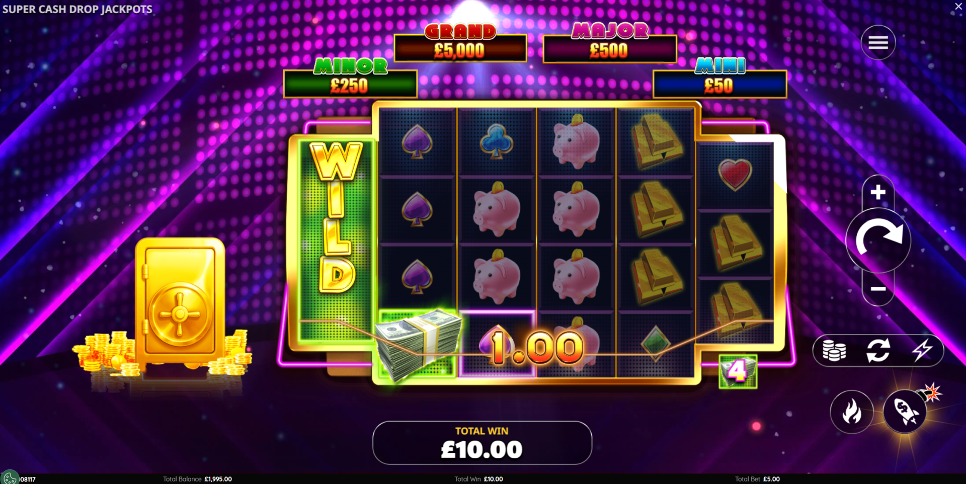 Super Stretch Wilds expanding to fill Reel 1 or 6 with multipliers in Super Cash Drop Jackpots