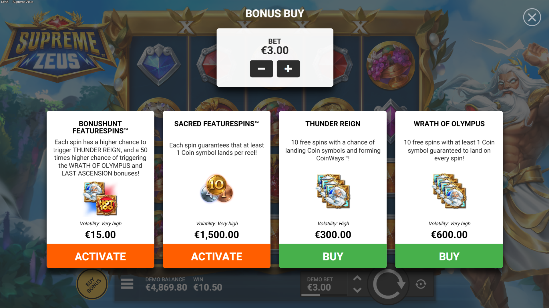 Supreme Zeus bonus buy options screen