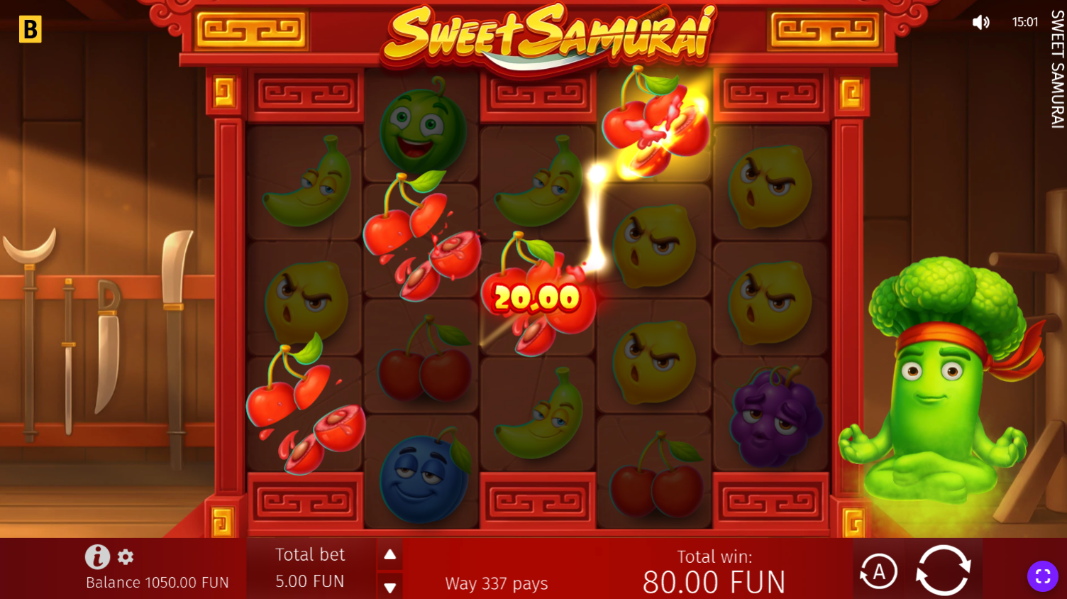 Sweet Samurai base game showing the asymmetric 3-4-3-4-3 reel grid with fruit symbols