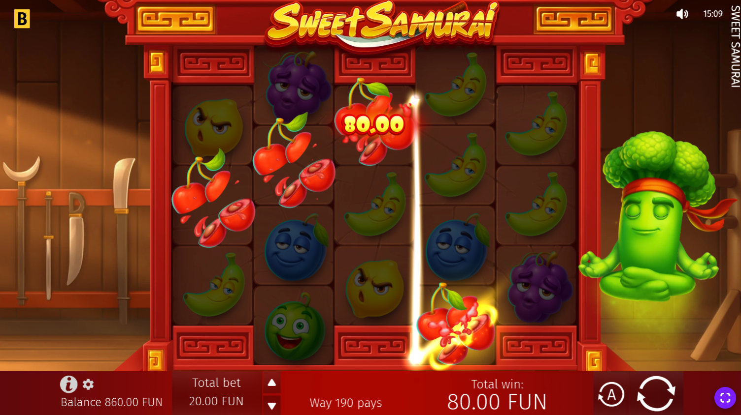 Sweet Samurai Win Slice Feature - Broccoli Samurai cutting through winning symbols