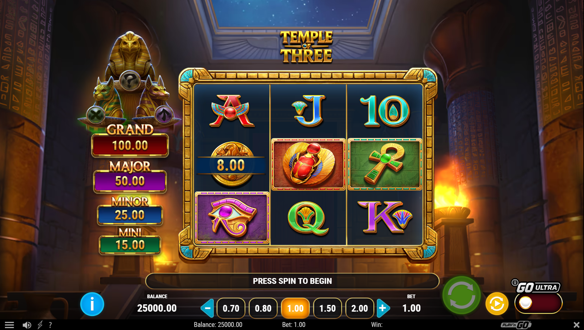 Temple of Three base game - 3-reel layout with Cash Coin symbols and Egyptian temple backdrop