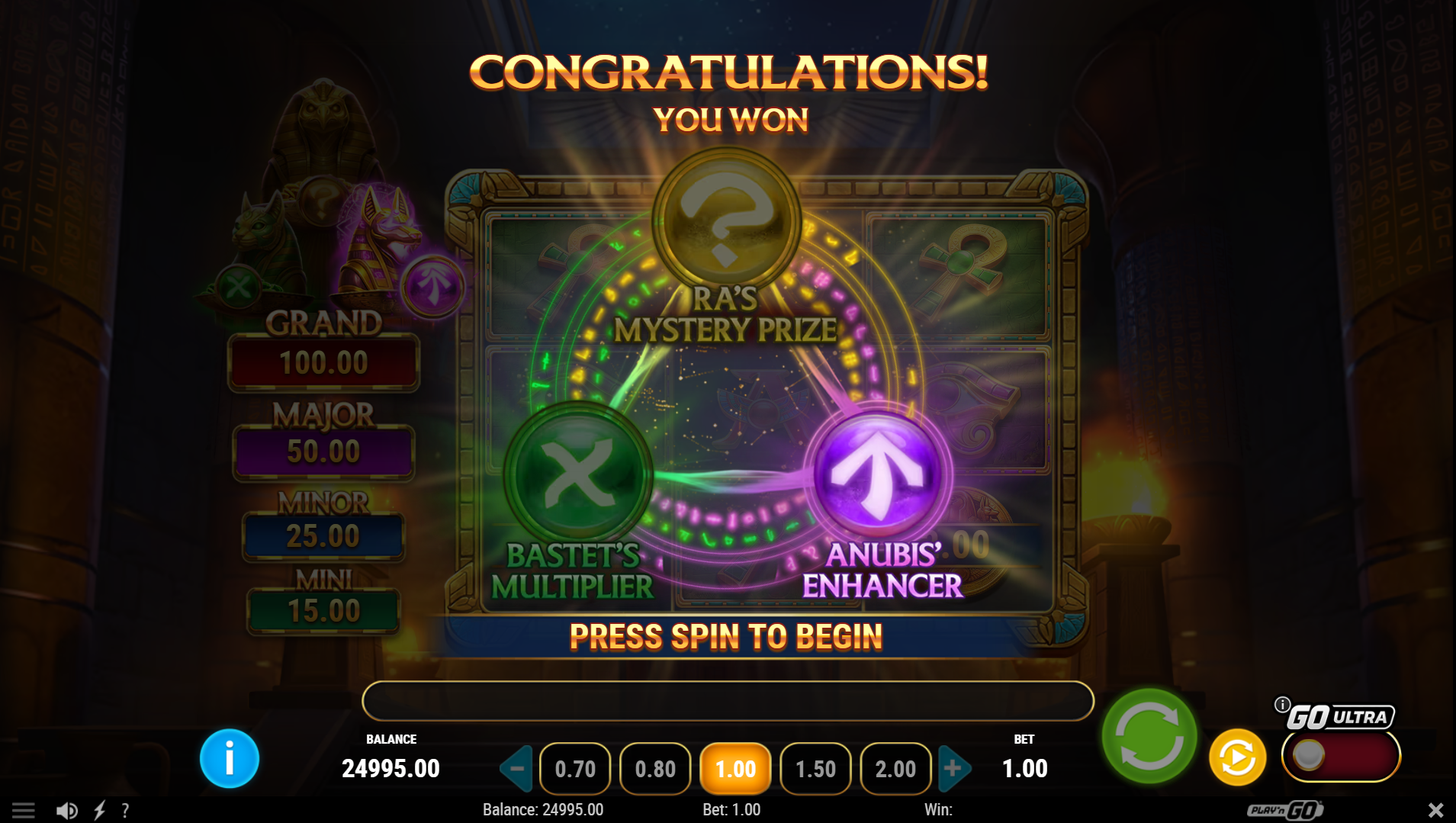 Temple of Three Hold'N Spin bonus being triggered by the Pot features