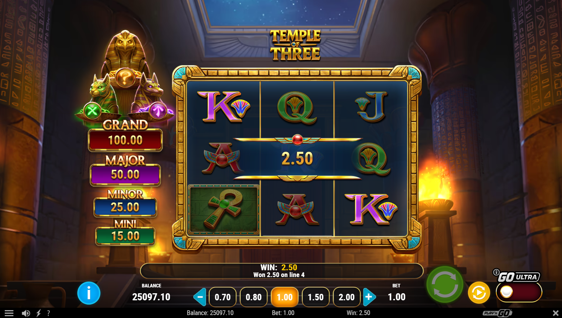 Temple of Three showing all 5 fixed paylines on the 3-reel grid