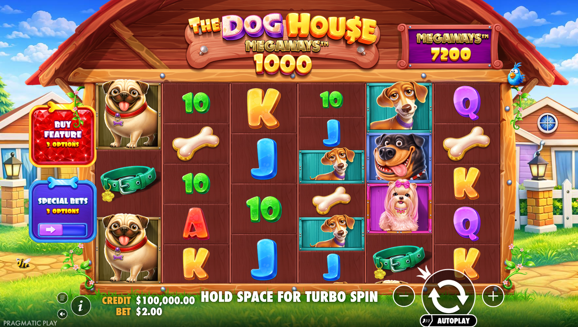 The Dog House Megaways 1000 base game showing the 6x7 Megaways grid