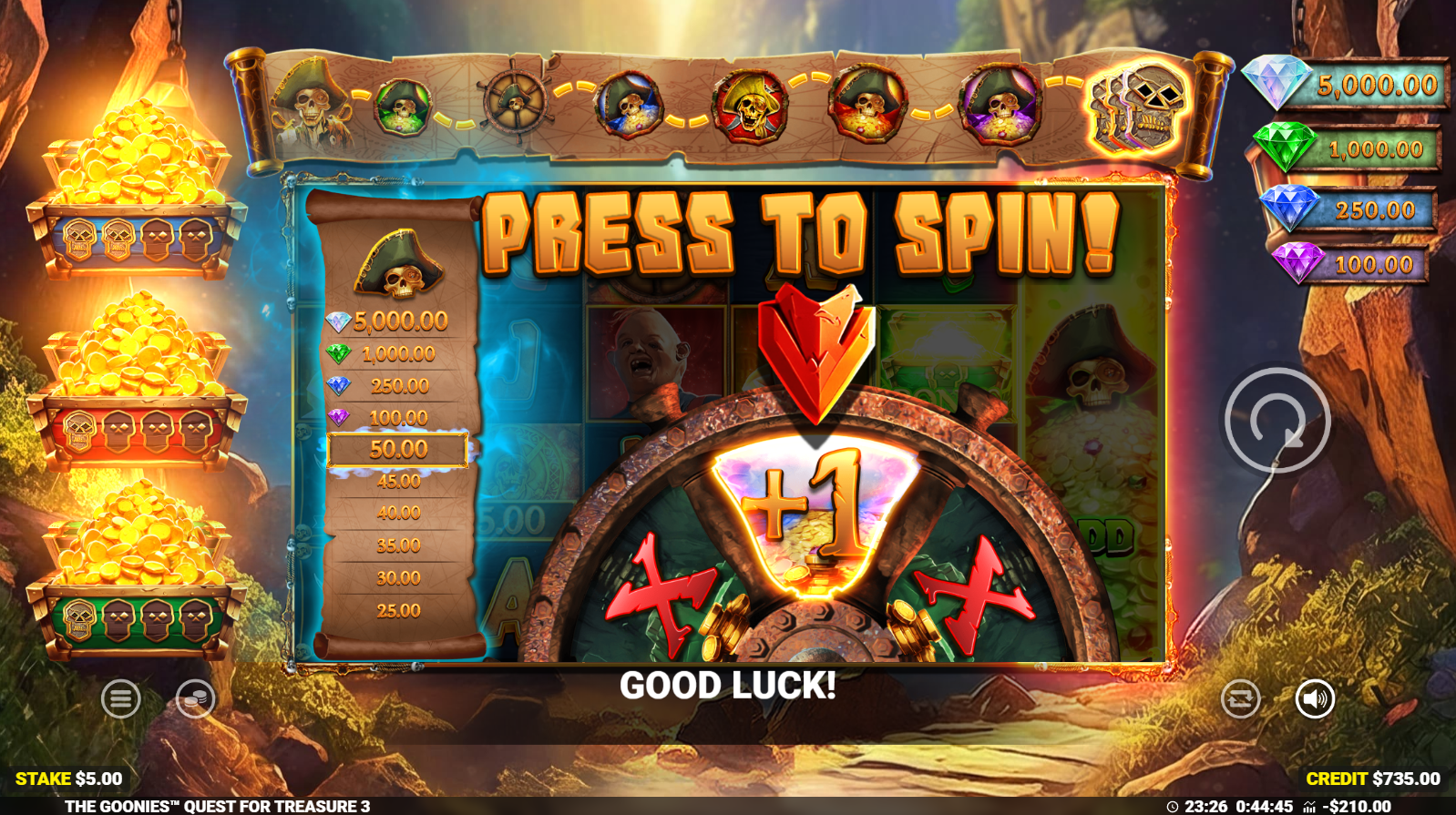 The Goonies Quest For Treasure 3 Treasure Wheel feature