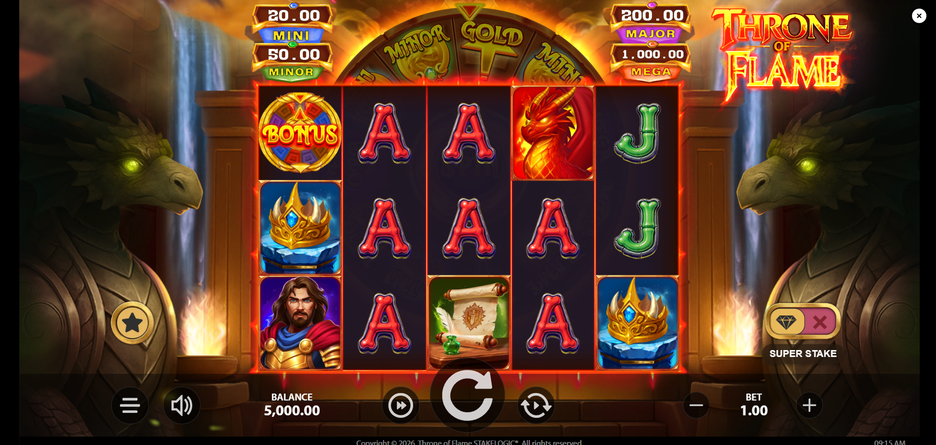 Throne of Flame base game reels showing 5x3 grid with Bonus symbol and jackpot meters