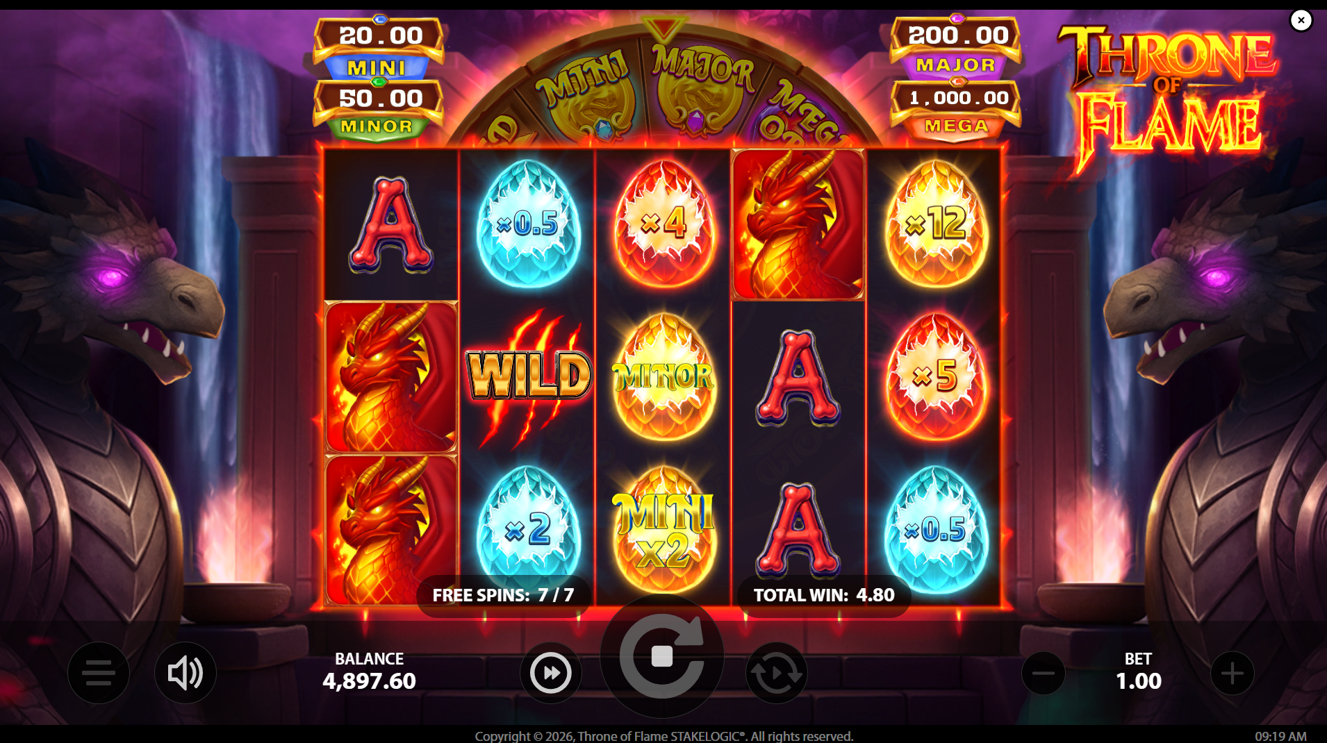 Throne of Flame Dragon Blow Reveal feature showing egg symbols with multipliers during free spins