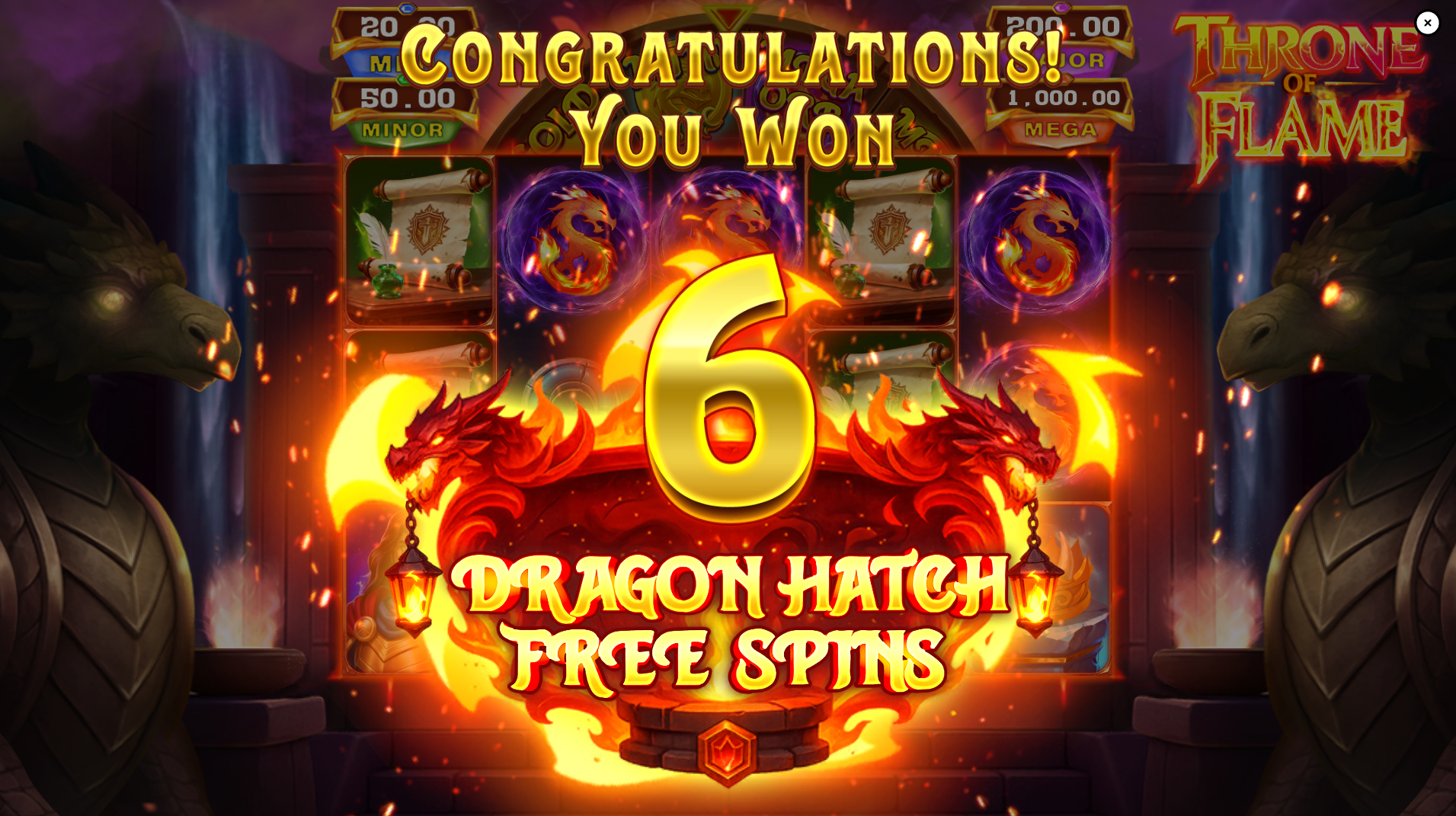 Throne of Flame awarding 6 Dragon Hatch Free Spins trigger screen