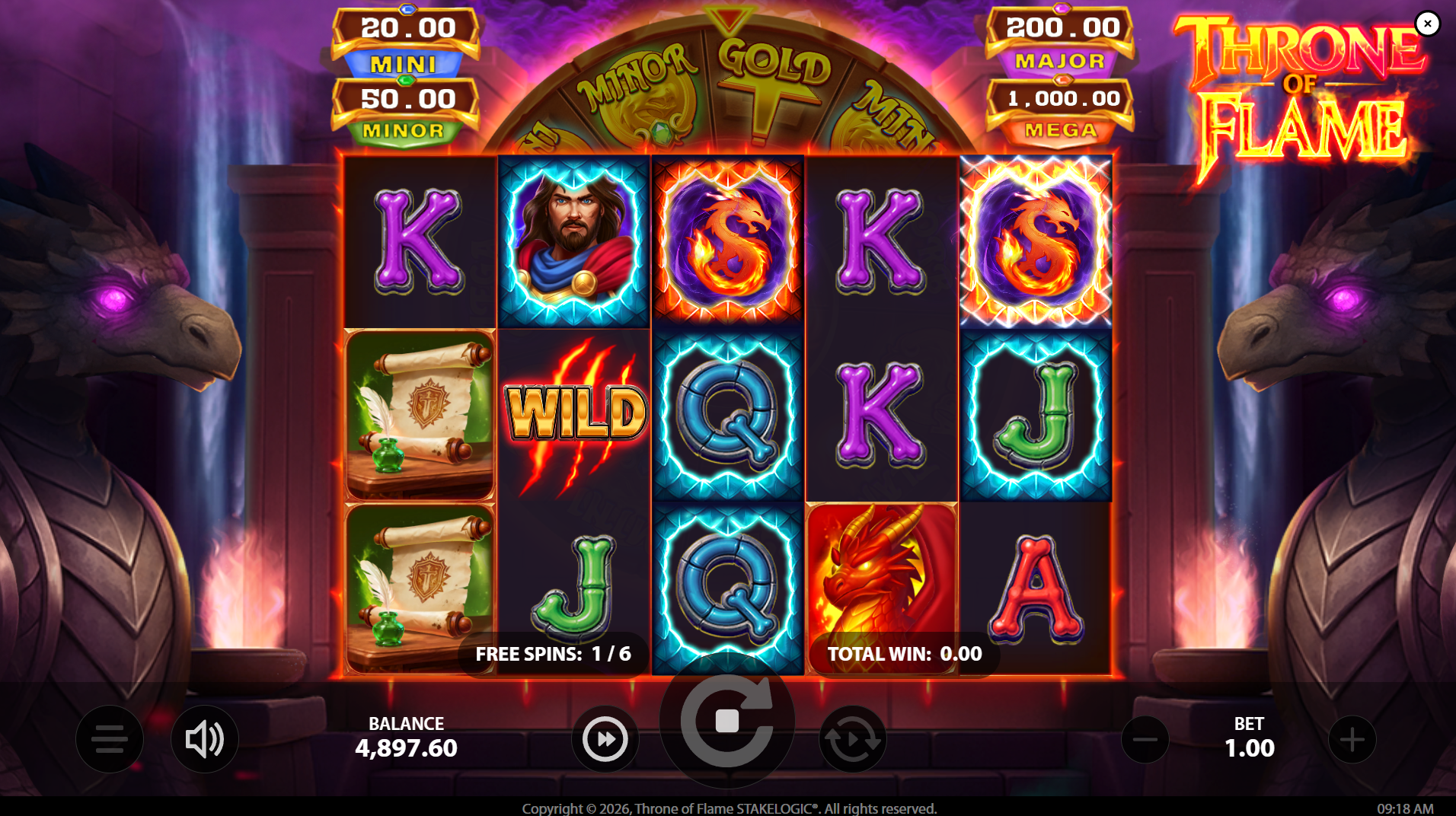 Throne of Flame Dragon Hatch Free Spins bonus round in progress