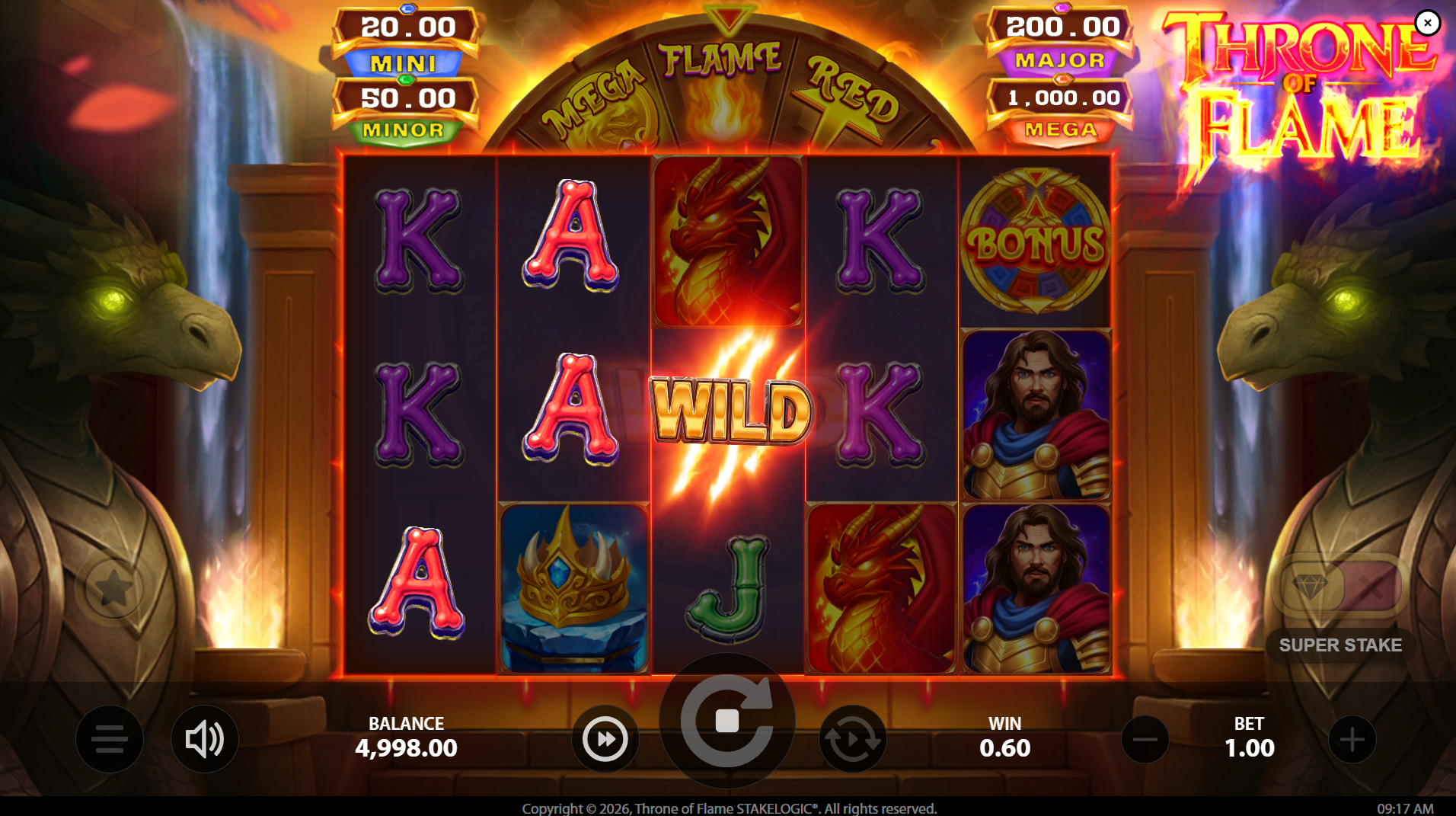 Throne of Flame base game showing 5x3 grid with 243 ways to win and Wild symbol