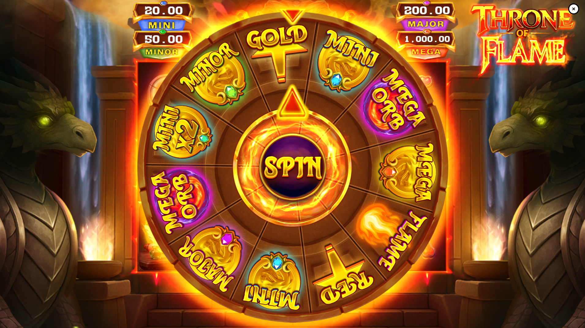 Throne of Flame Wheel Spin Feature showing jackpot segments including Mini, Minor, Gold, Mega Orb and Mega