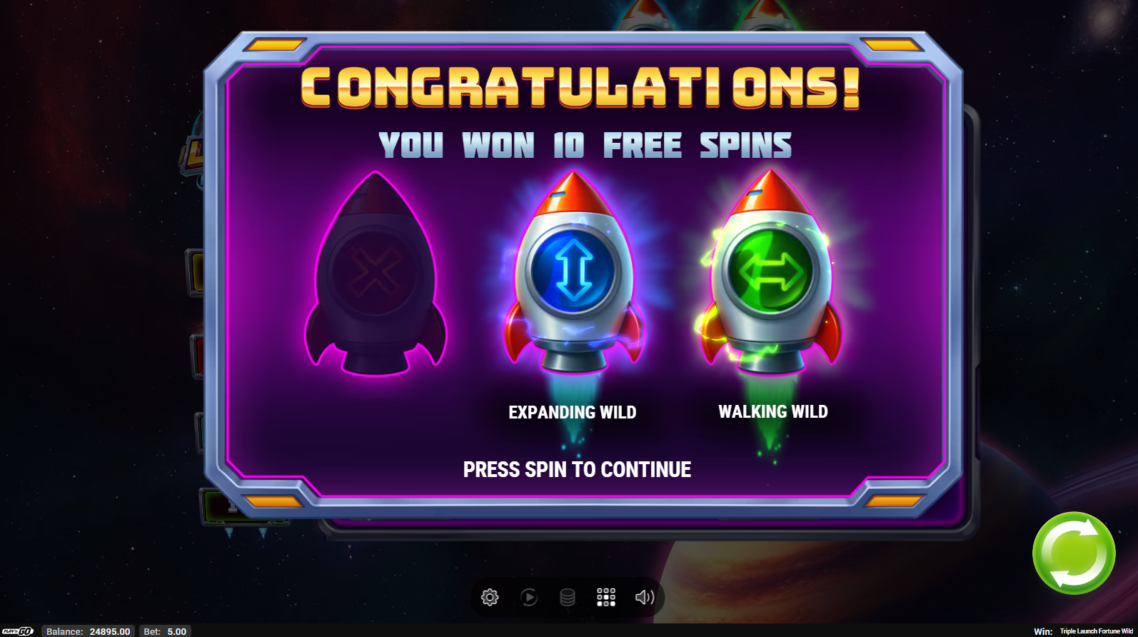 Triple Launch Fortune Wild Free Spins with Expanding Wild and Walking Wild active