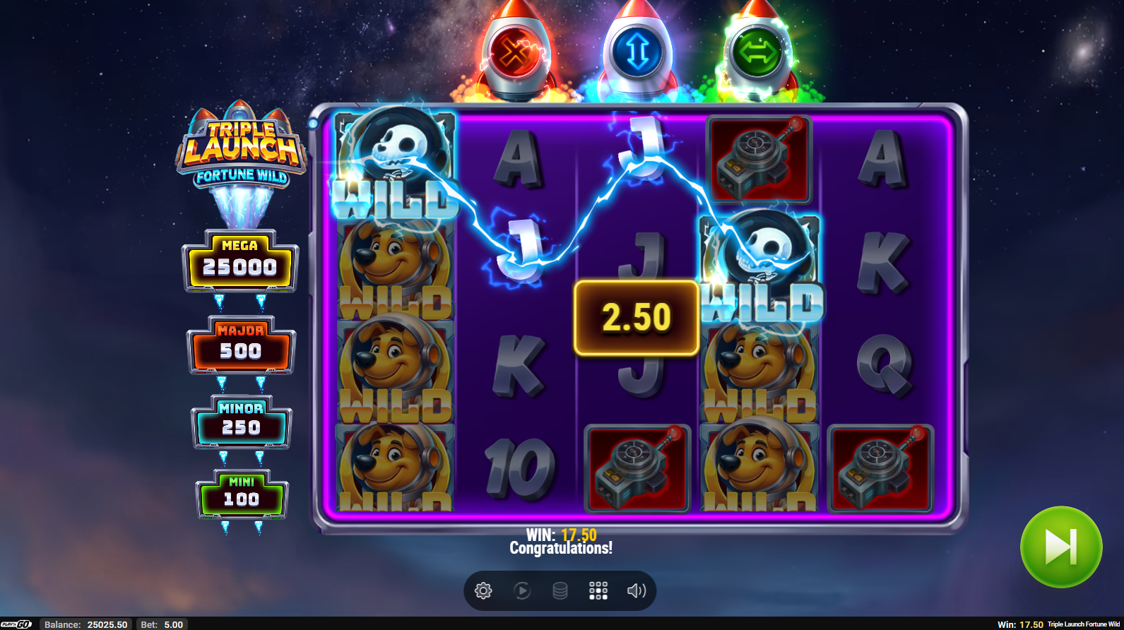 Triple Launch Fortune Wild Space Pup Wild symbol on the reels
