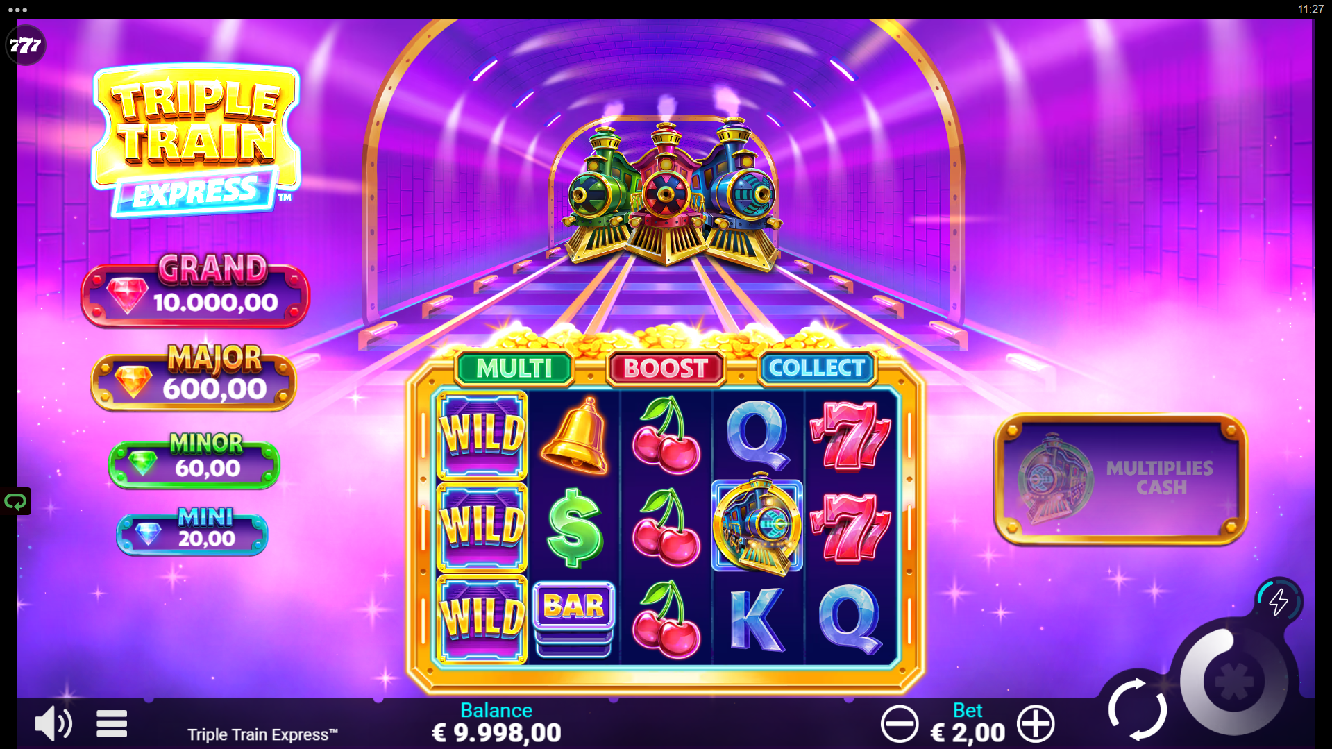 Triple Train Express base game screenshot showing the 5x3 reel grid
