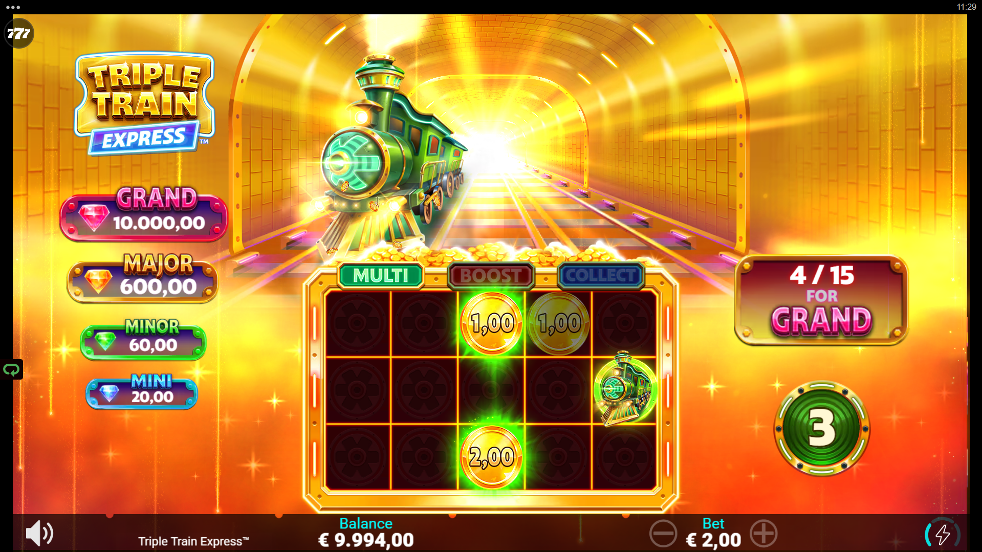 Triple Train Express bonus game screenshot showing Cash and Jackpot symbols