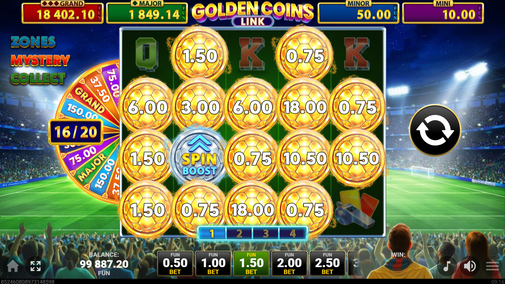 Trophy Rush Triple Boost Golden Coins Link bonus feature with coin values and Spin Boost