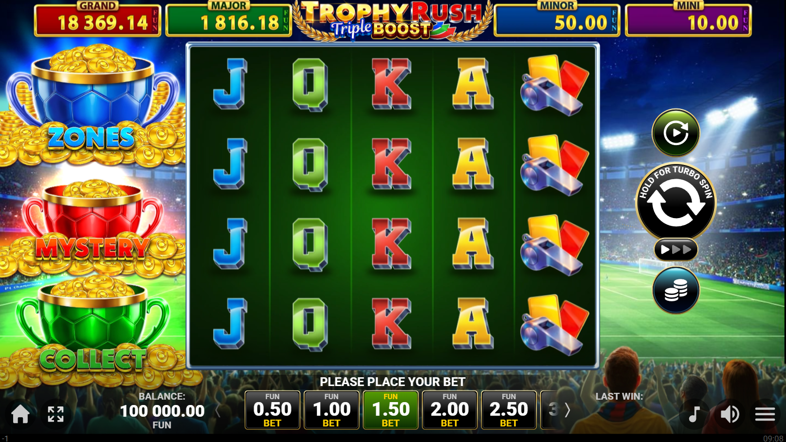 Trophy Rush Triple Boost base game showing 5x4 grid with GRAND, MAJOR, MINOR and MINI jackpot meters
