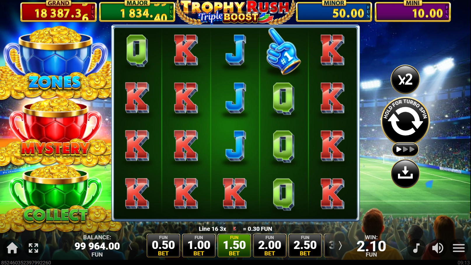 Trophy Rush Triple Boost showing 40 fixed paylines with a win on line 16