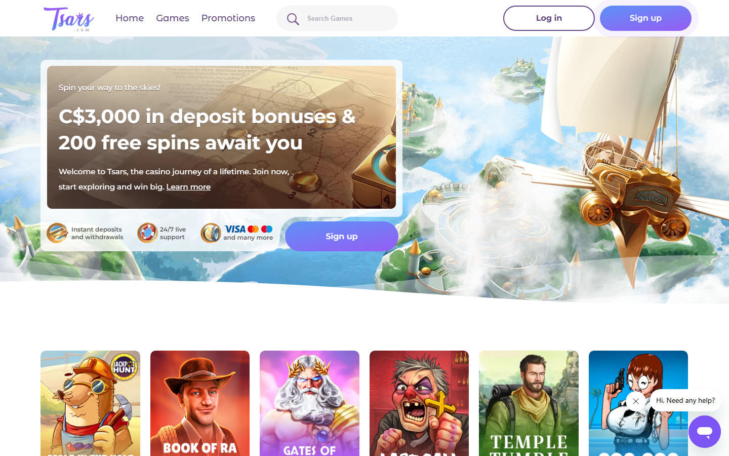 Tsars Casino homepage hero advertising C$3,000 in deposit bonuses and 200 free spins with a sky-galleon theme
