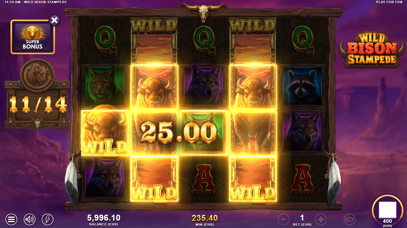 Wild Bison Stampede Super Free Spins Bonus Game with combined Wild mechanics