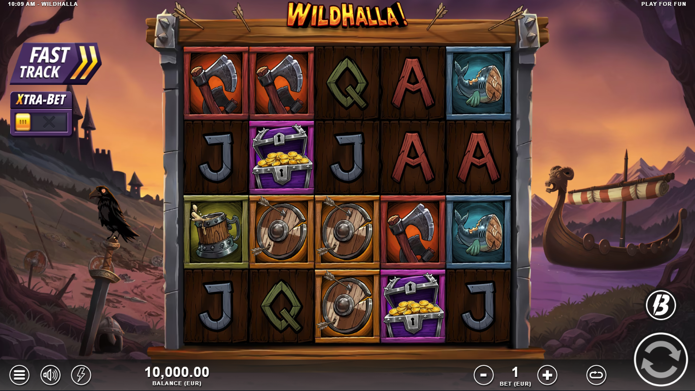 Wildhalla base game reels showing 5x4 grid with 40 fixed paylines