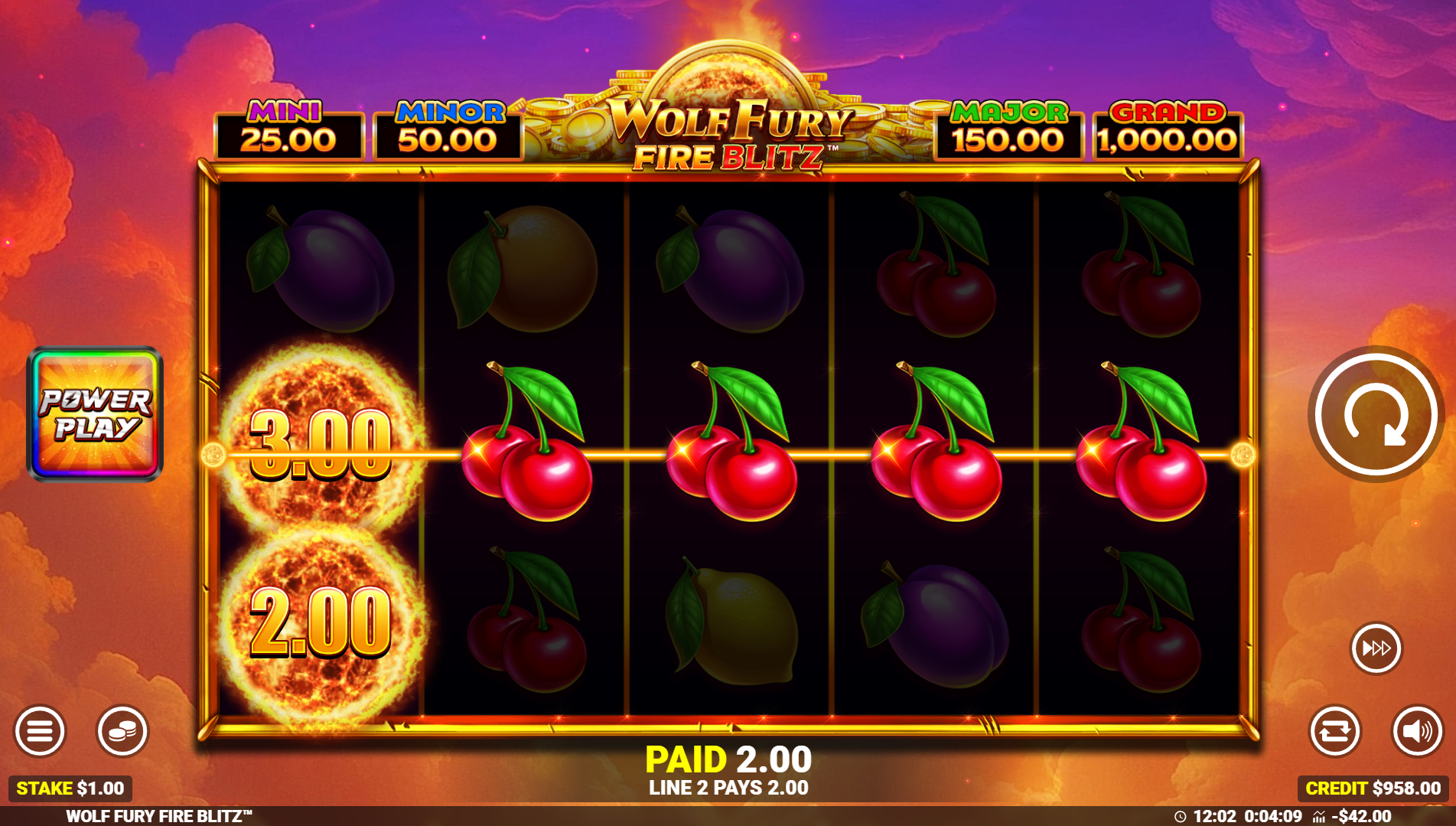 Wolf Fury Fire Blitz showing 5 fixed paylines