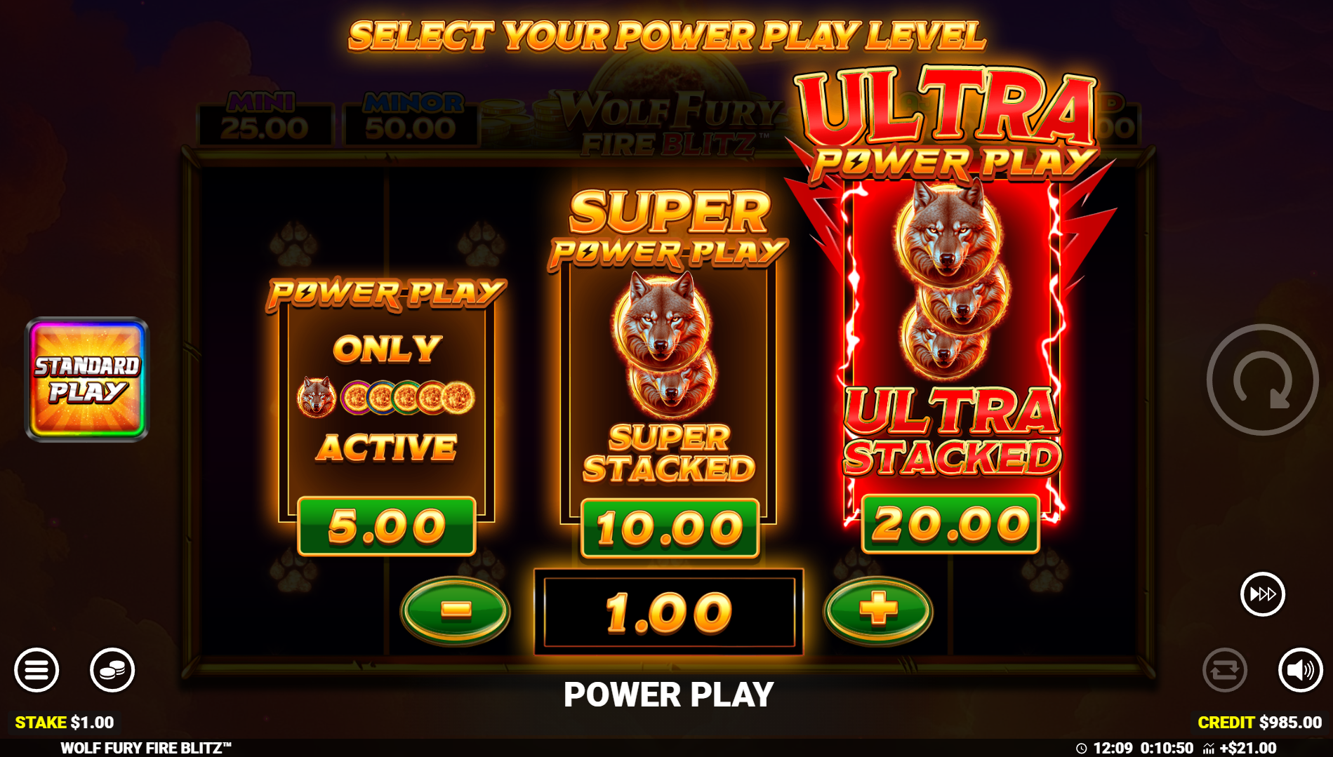 Wolf Fury Fire Blitz Power Play selection menu