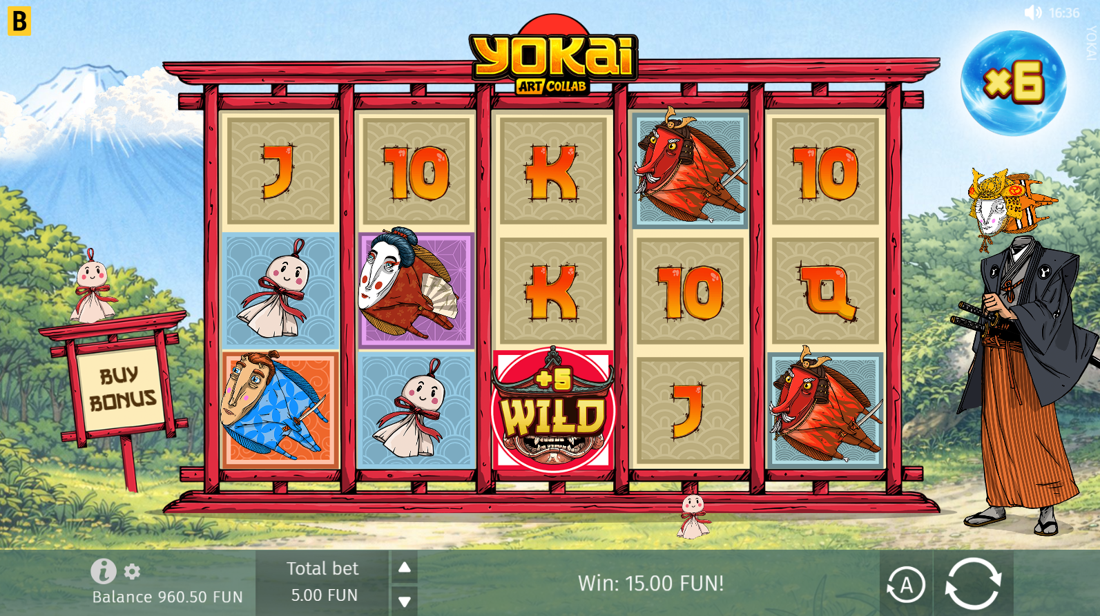 Yokai slot base game screen showing the 20-line layout with Samurai character and Yokai spirits