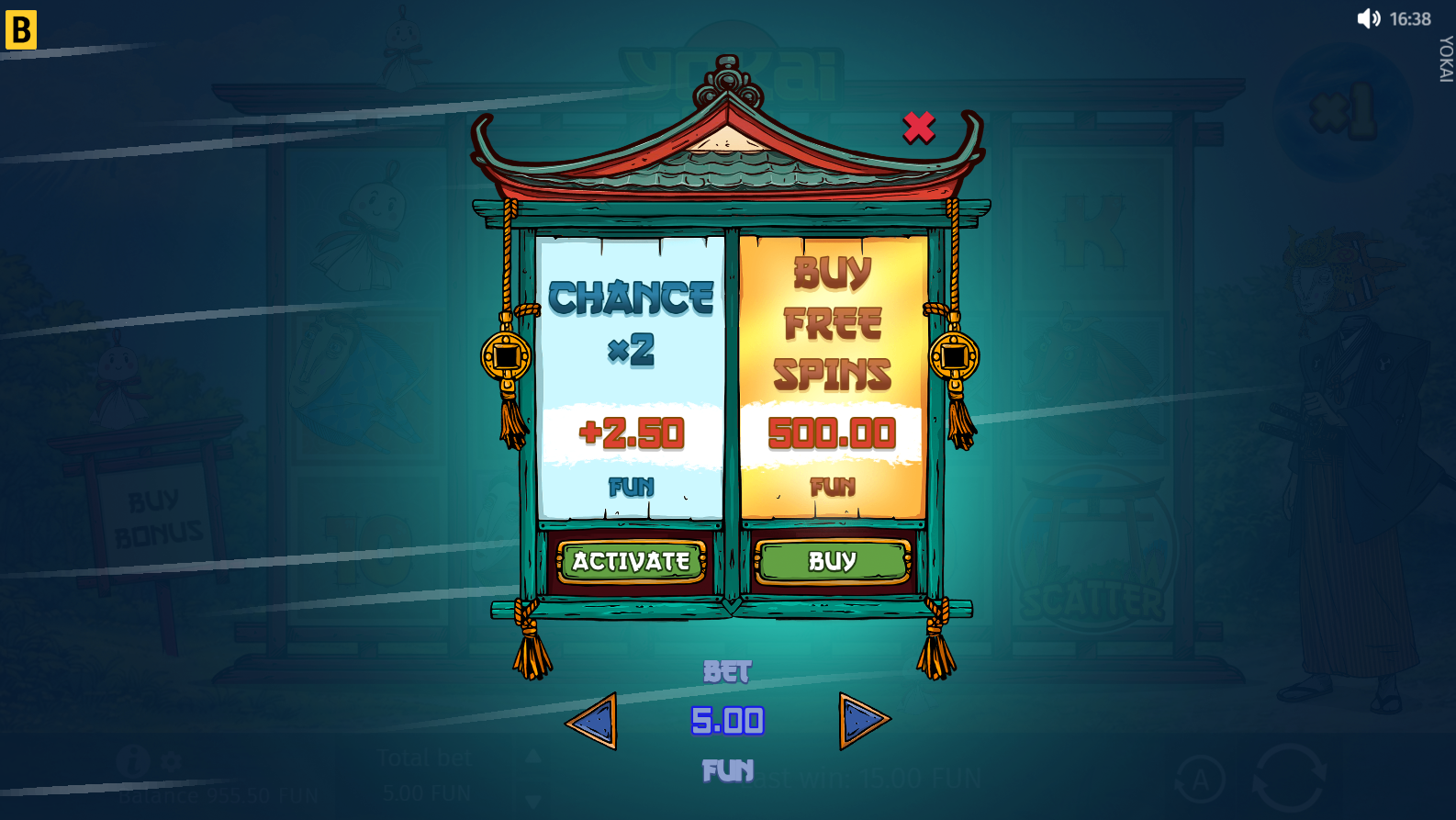 Yokai slot Bonus Buy options screen showing Buy Bonus and Chance x2 features