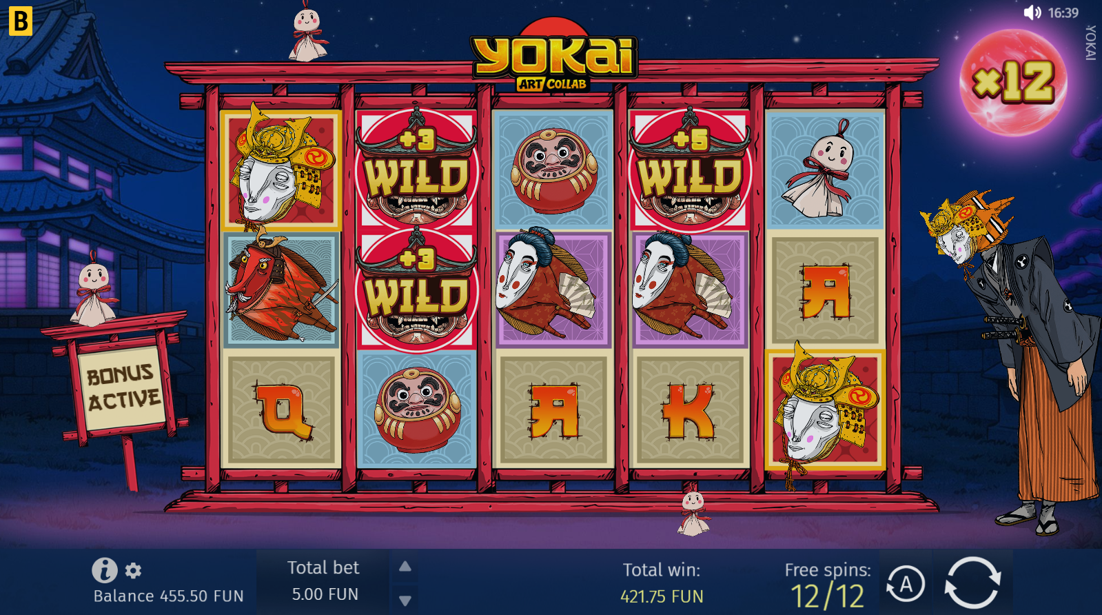 Yokai slot Free Spins feature with sticky Wilds and cumulative Moon Multiplier active