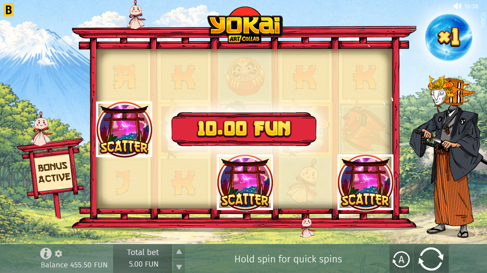Yokai slot Scatter symbols appearing on reels 1, 3 and 5 to trigger Free Spins