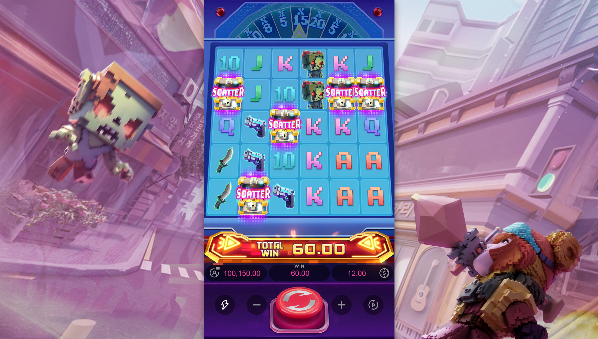Zombie Blasters Free Spins trigger showing 4 or more Scatter symbols