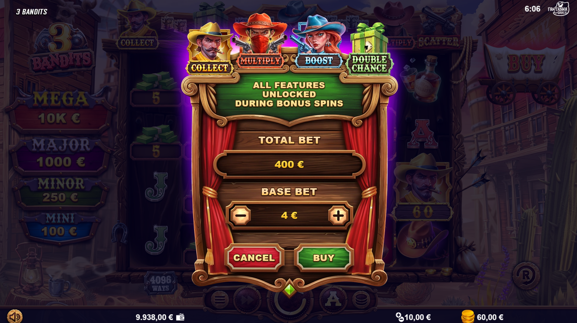 3 Bandits Bonus Buy Options screen