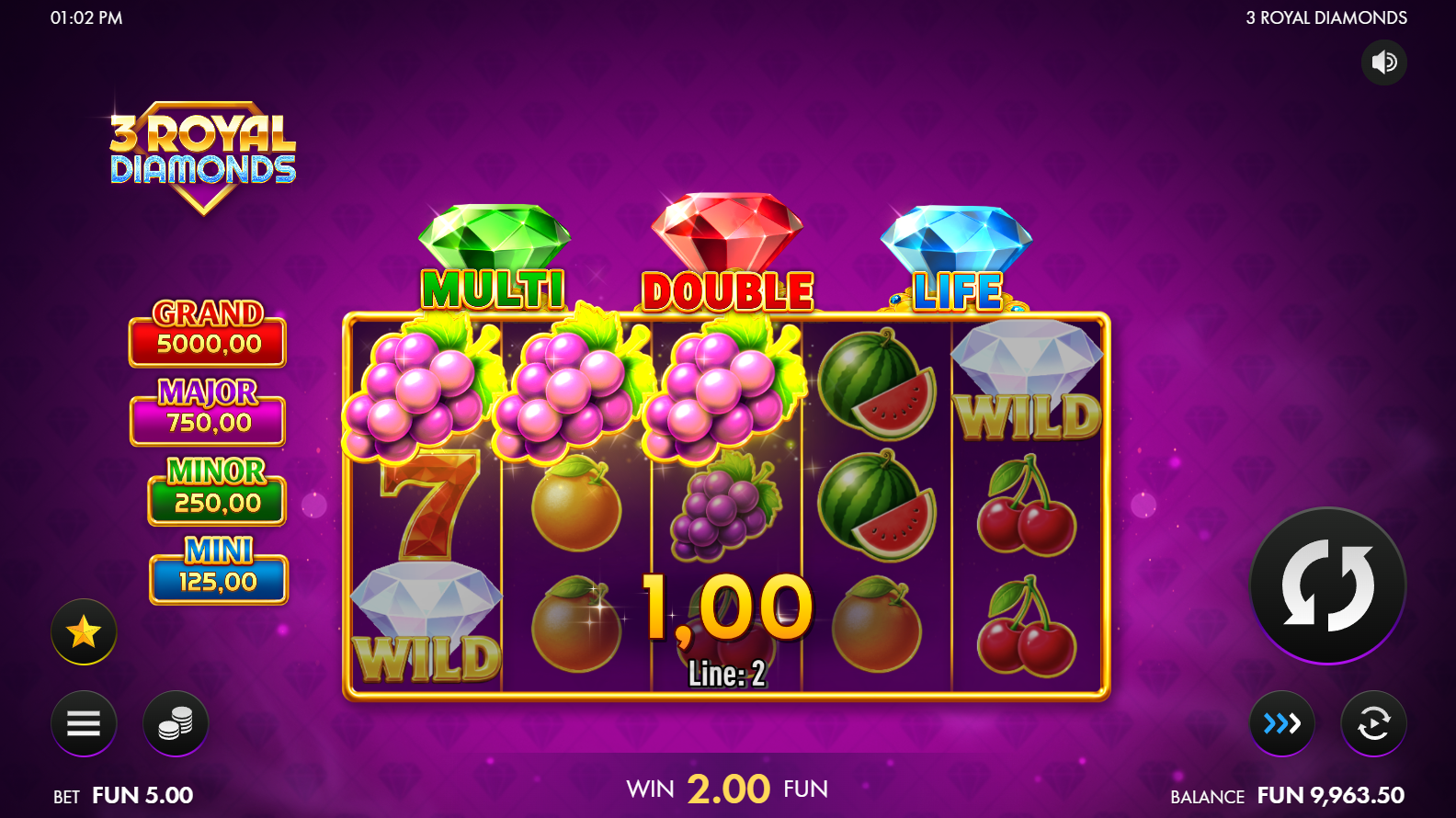 3 Royal Diamonds base game showing 5x3 reel grid with fruit symbols and coloured coins
