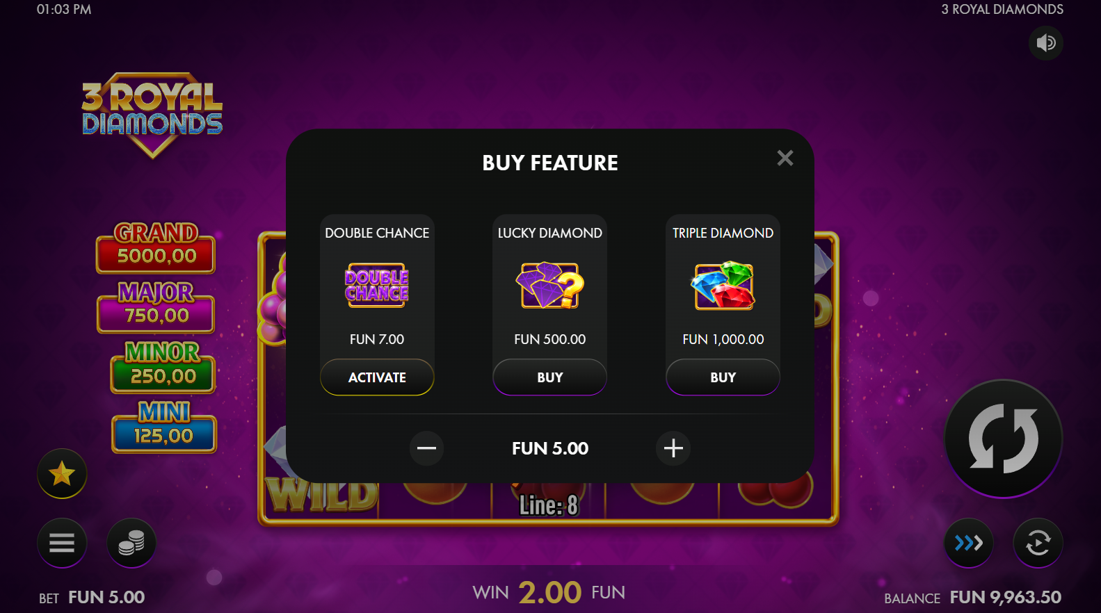 3 Royal Diamonds Bonus Buy options screen showing two purchase choices