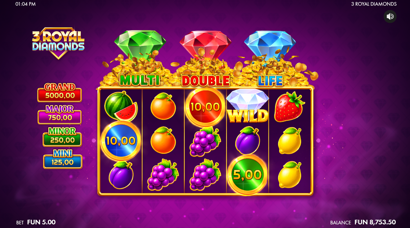 3 Royal Diamonds Triple Diamond Bonus triggered showing Hold and Win mechanic