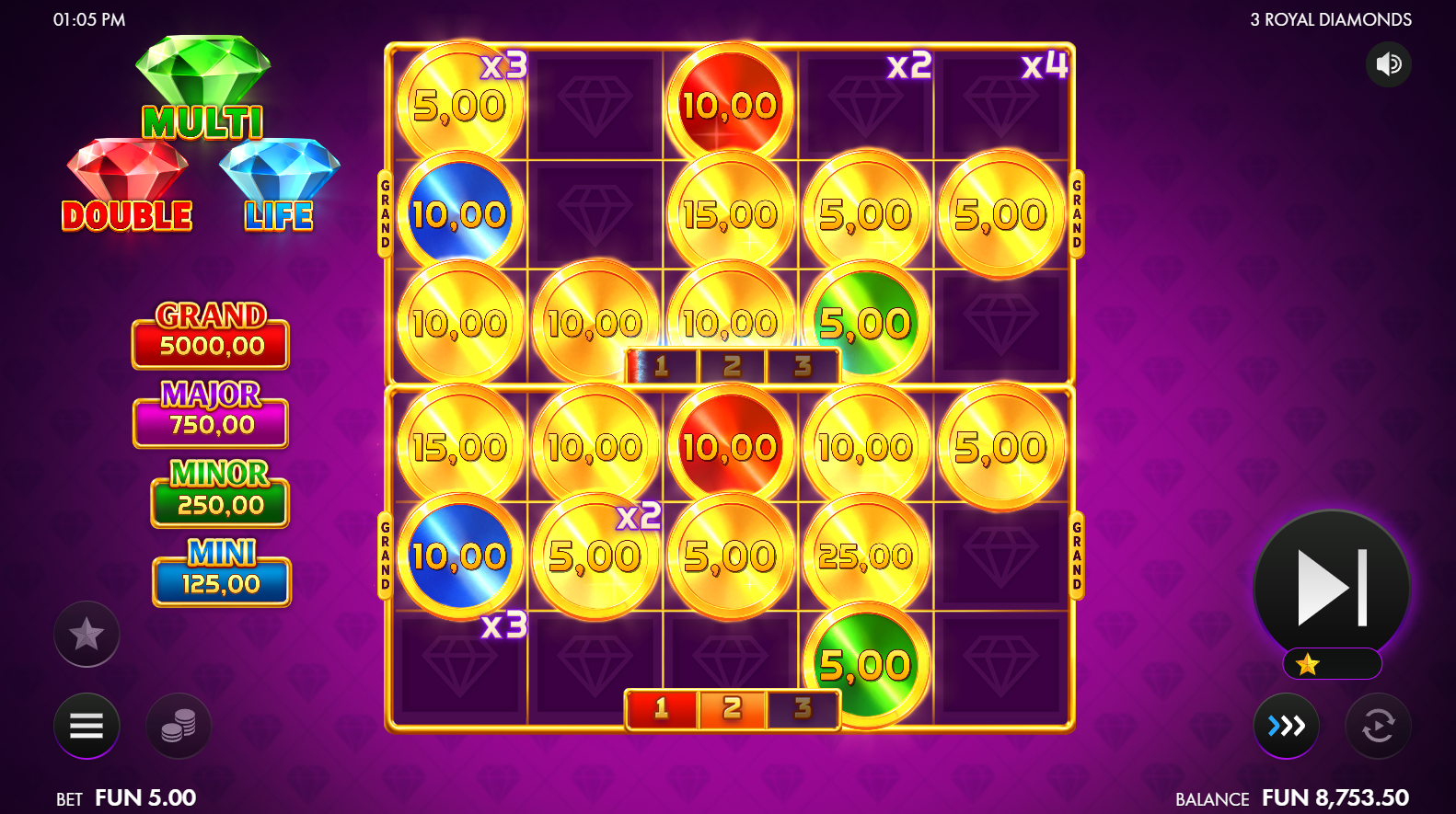 3 Royal Diamonds Triple Diamond Bonus Game with all three diamonds active