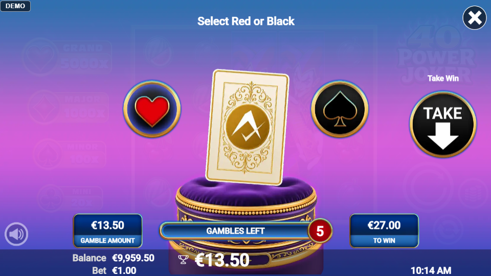 40 Power Joker Double-Up Gamble feature with Red/Black card flip