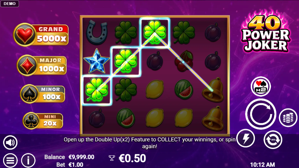 40 Power Joker showing 40 fixed payline layout on the 5x4 grid