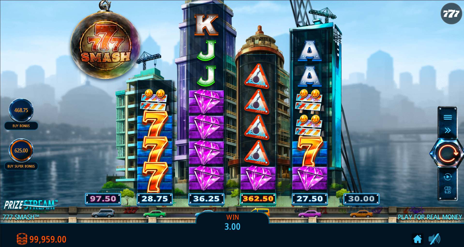 777 Smash base game showing the irregular 4-7-5-6 reel layout on a riverside construction site
