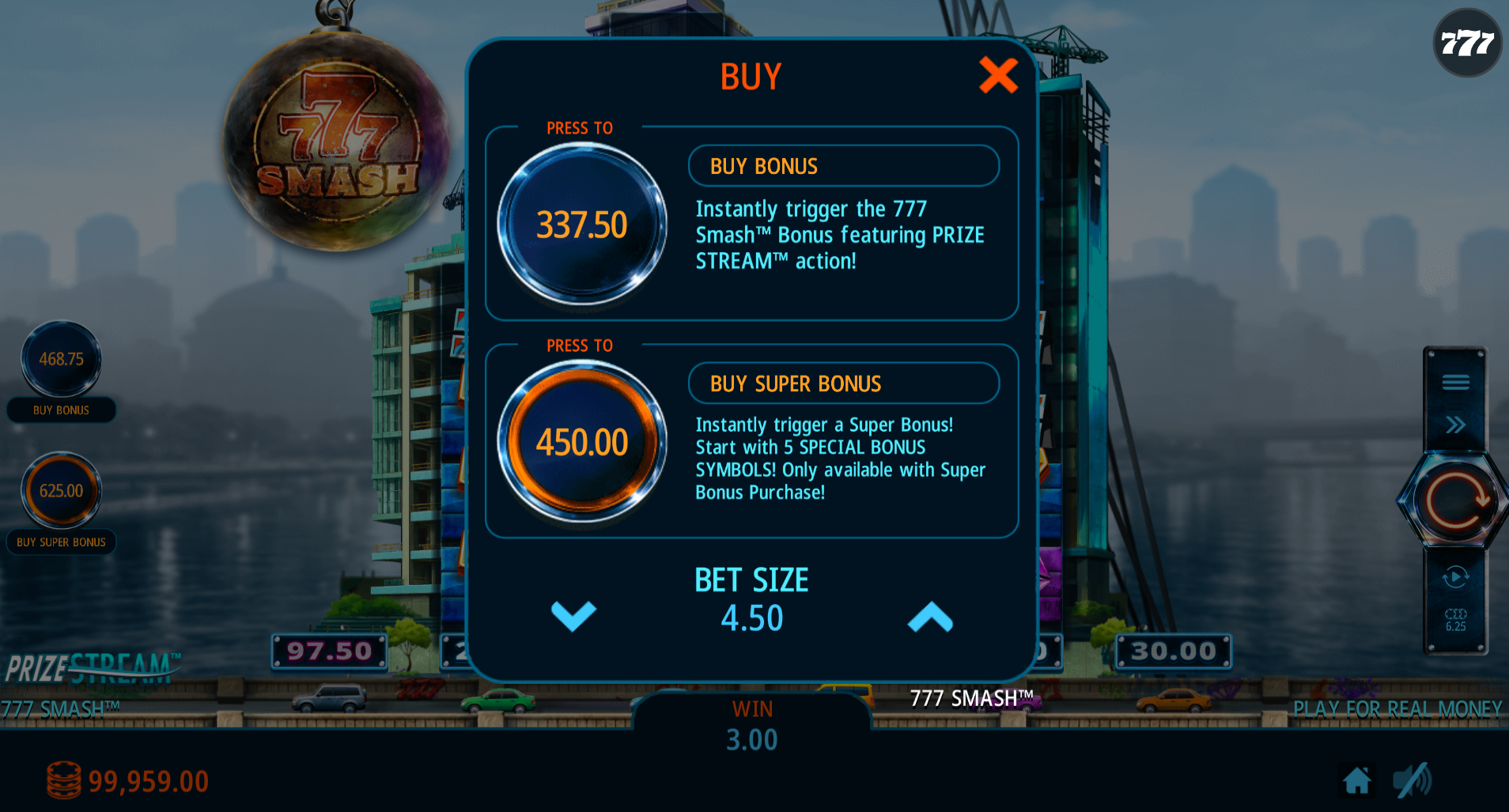 777 Smash feature buy options - 75x standard and 100x enhanced bonus purchase