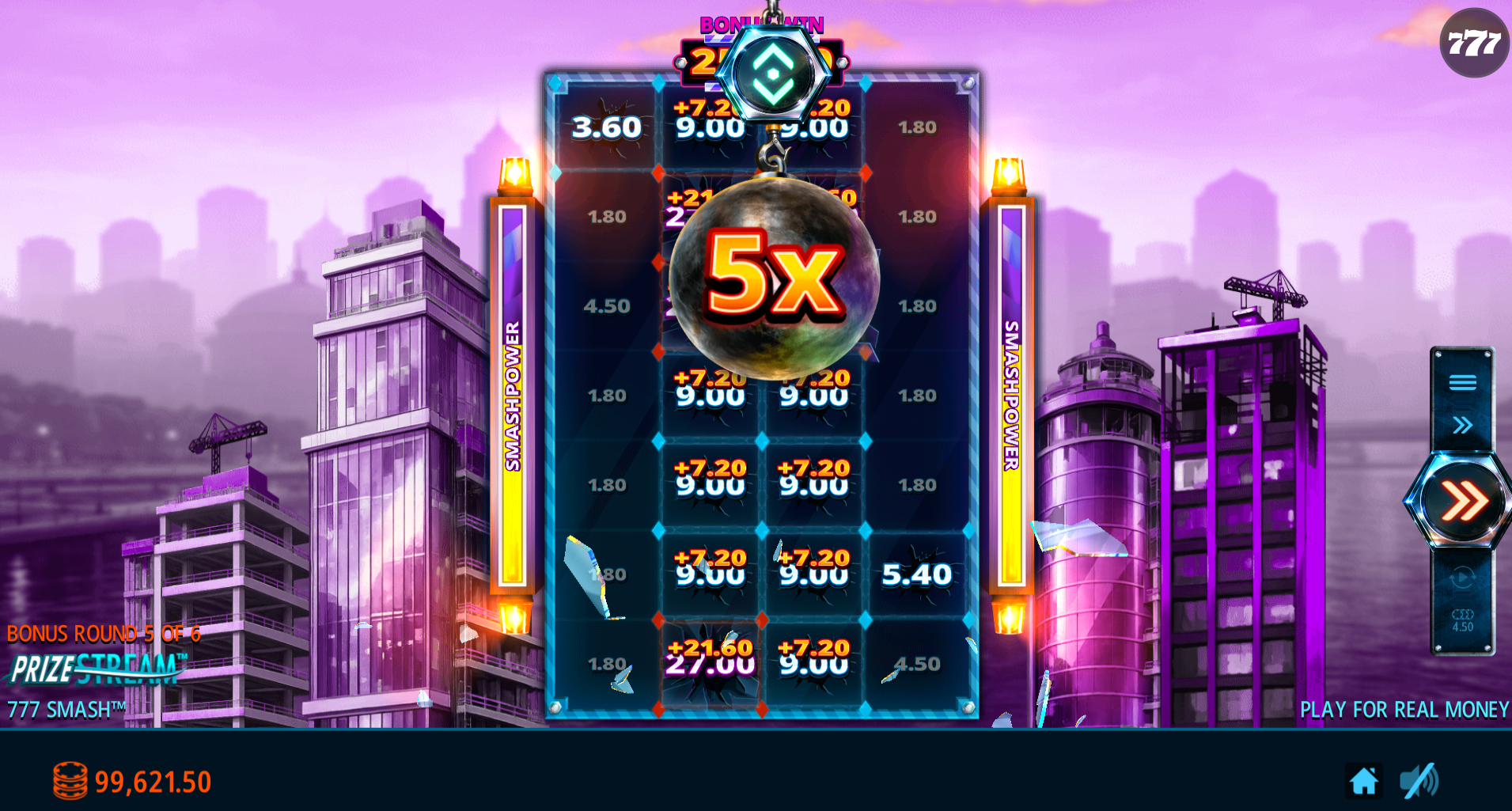 777 Smash bonus round - the wrecking ball demolishing the 4x7 cash grid